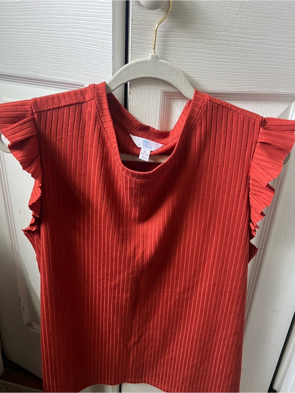 Time and Tru Red Ribbed Ruffle Sleeve Blouse - Picture 1 of 3